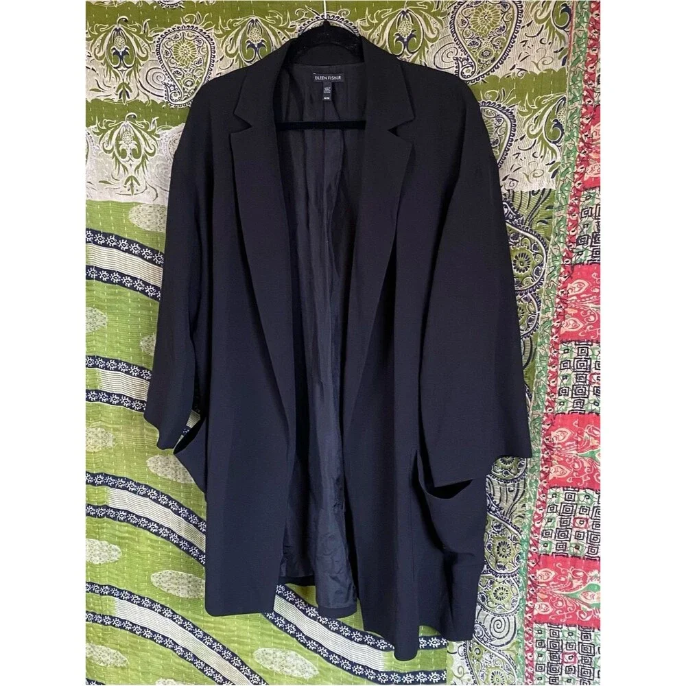 Eileen Fisher Black 100% Silk Crepe Georgette Modern Kimono Blazer Size Medium - Picture 6 of 15